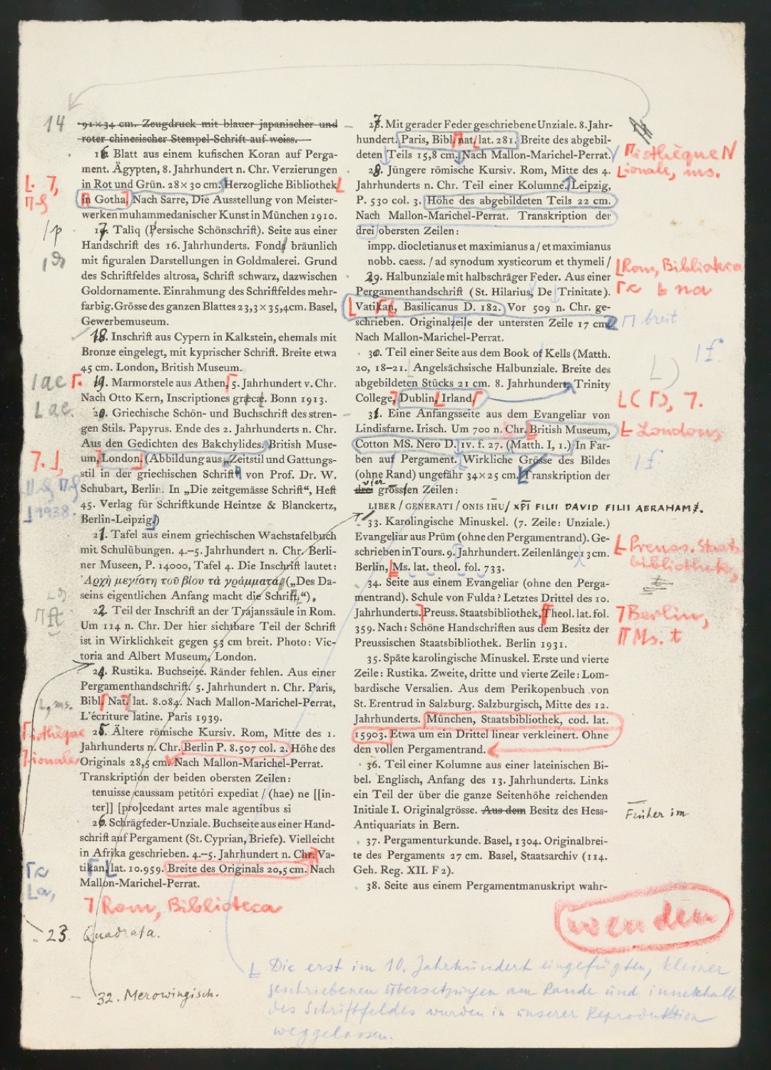 Montierte Entwürfe und korrigierte Seiten für Text und Schutzumschlag von Geschichte der Schrift in Bildern, 2. Auflage — Blatt 13