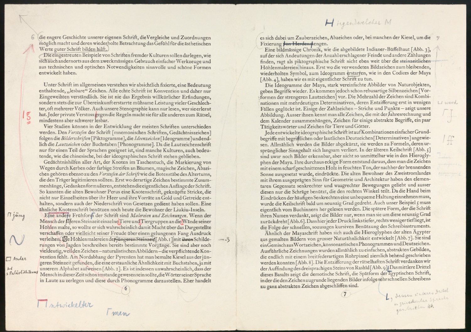Montierte Entwürfe und korrigierte Seiten für Text und Schutzumschlag von Geschichte der Schrift in Bildern, 2. Auflage — Blatt 28