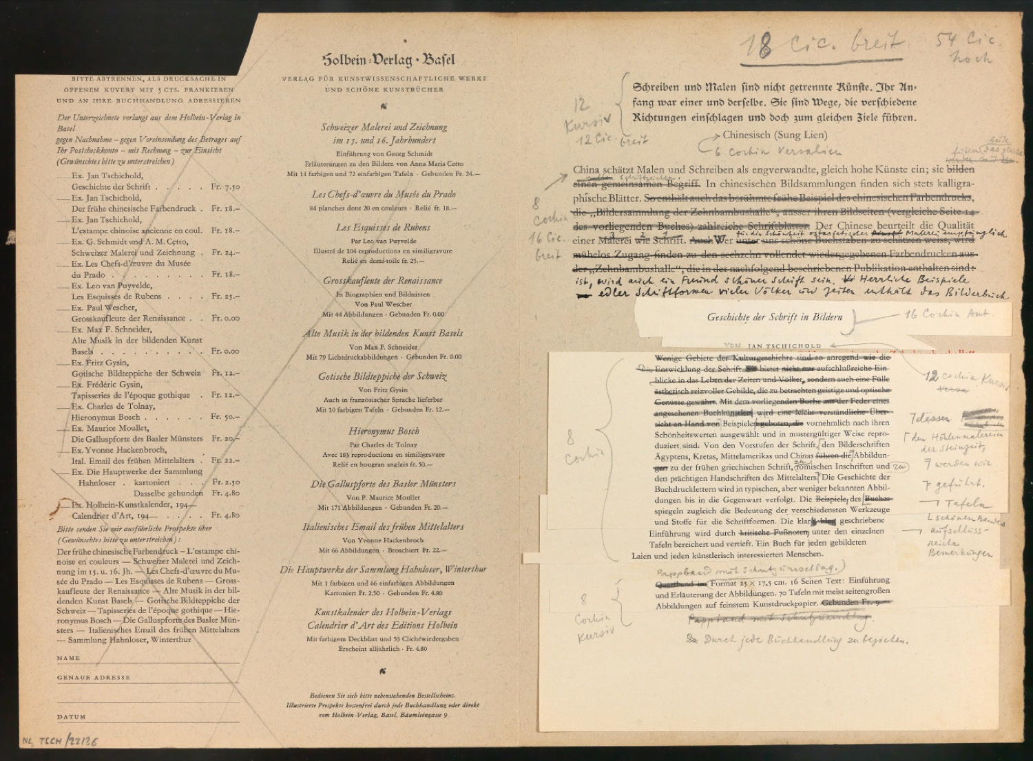 Montierte Entwürfe und korrigierte Seiten für Text und Schutzumschlag von Geschichte der Schrift in Bildern, 2. Auflage — Blatt 35