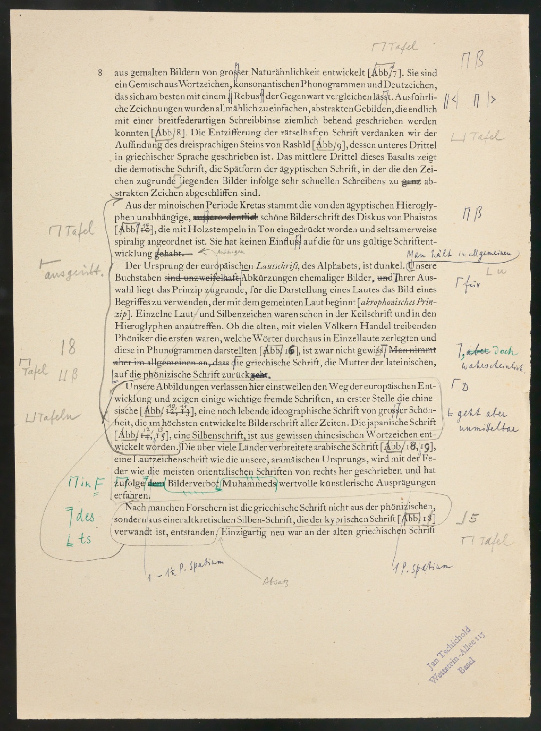 Montierte Entwürfe und korrigierte Seiten für Text und Schutzumschlag von Geschichte der Schrift in Bildern, 2. Auflage — Blatt 45