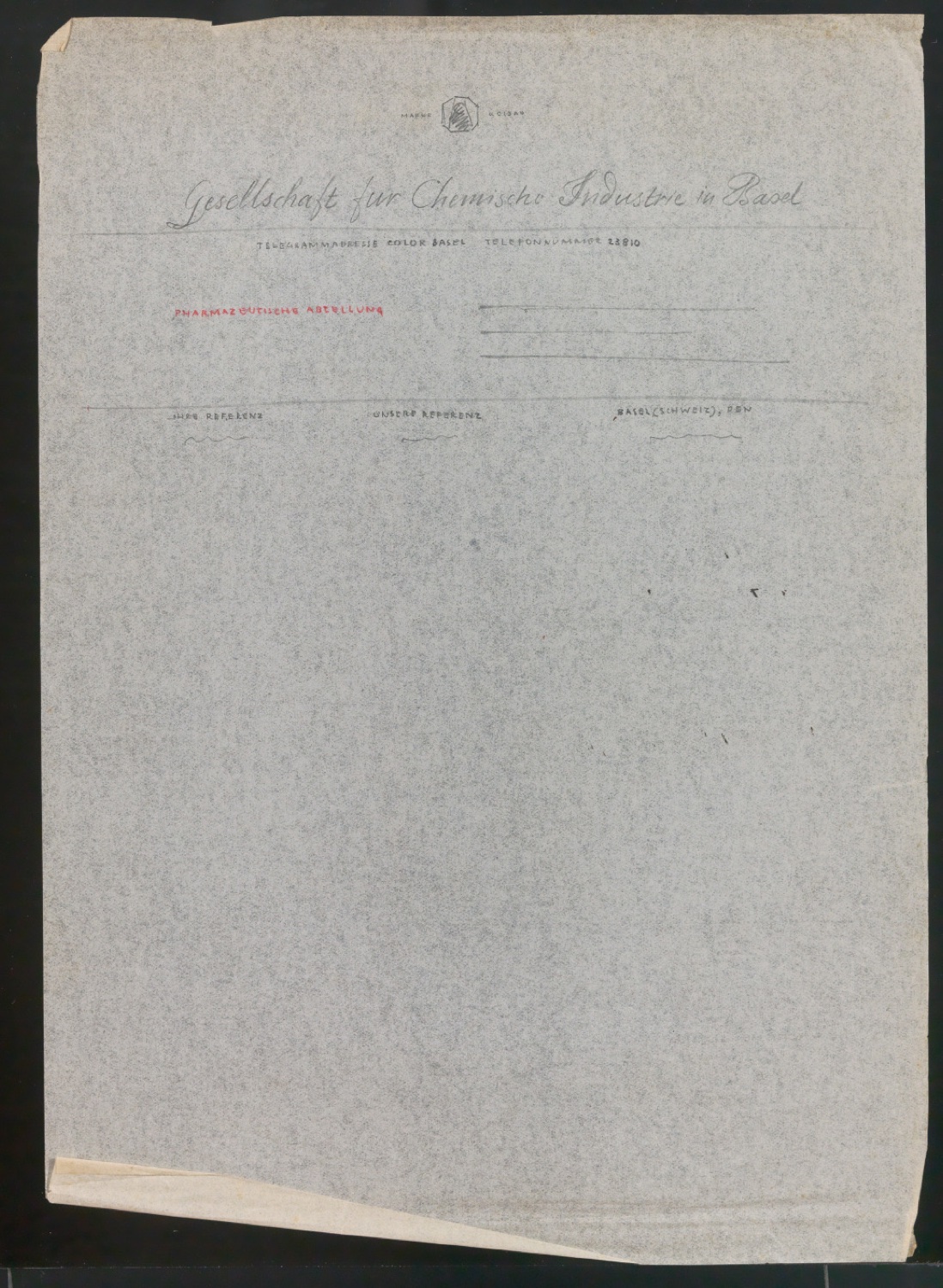 Entwurfszeichnungen und Probedrucke von Briefbögen für Gesellschaft für chemische Industrie (Ciba) — Blatt 13
