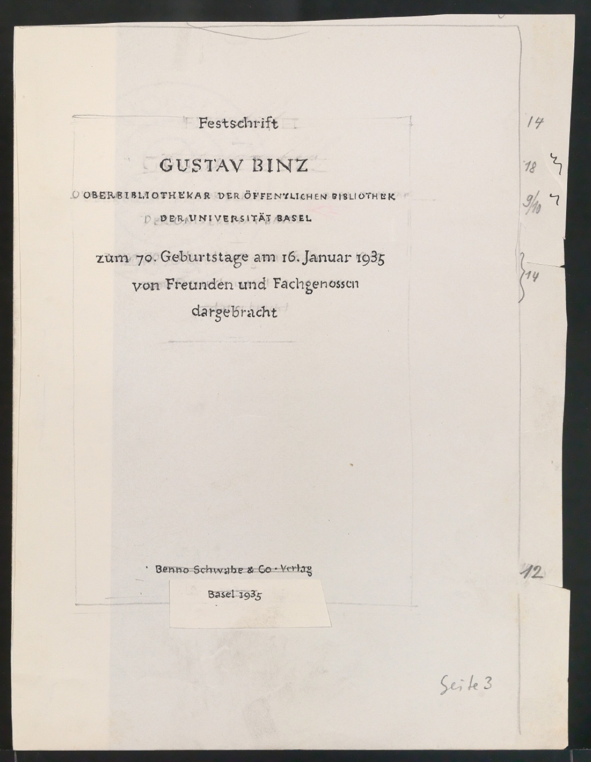 Entwurfszeichnungen von Titelblättern für Benno Schwabe & Co und Entwurfszeichnung für Plakat Kunstmuseum Bern — Blatt 1