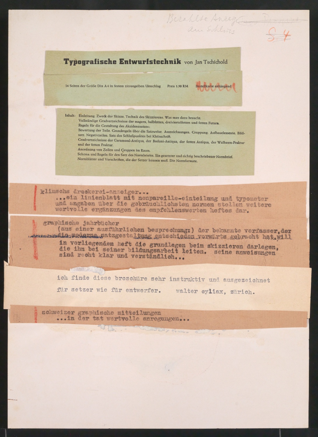 Entwurf für Bestellschein zu Typografische Entwurfstechnik und Probedruck zu Schutzumschlag für Typographische Gestaltung — Blatt 9
