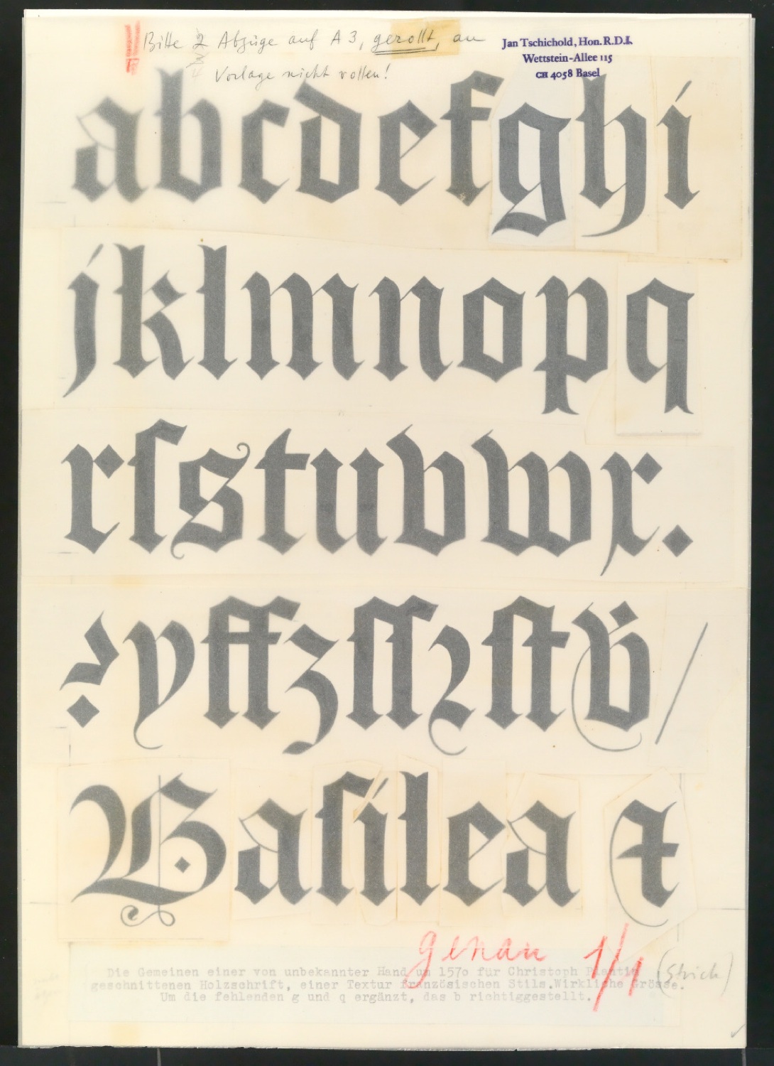 Skizzen, Klischeevorlagen und Probedrucke Gotischer Schriften — Blatt 17