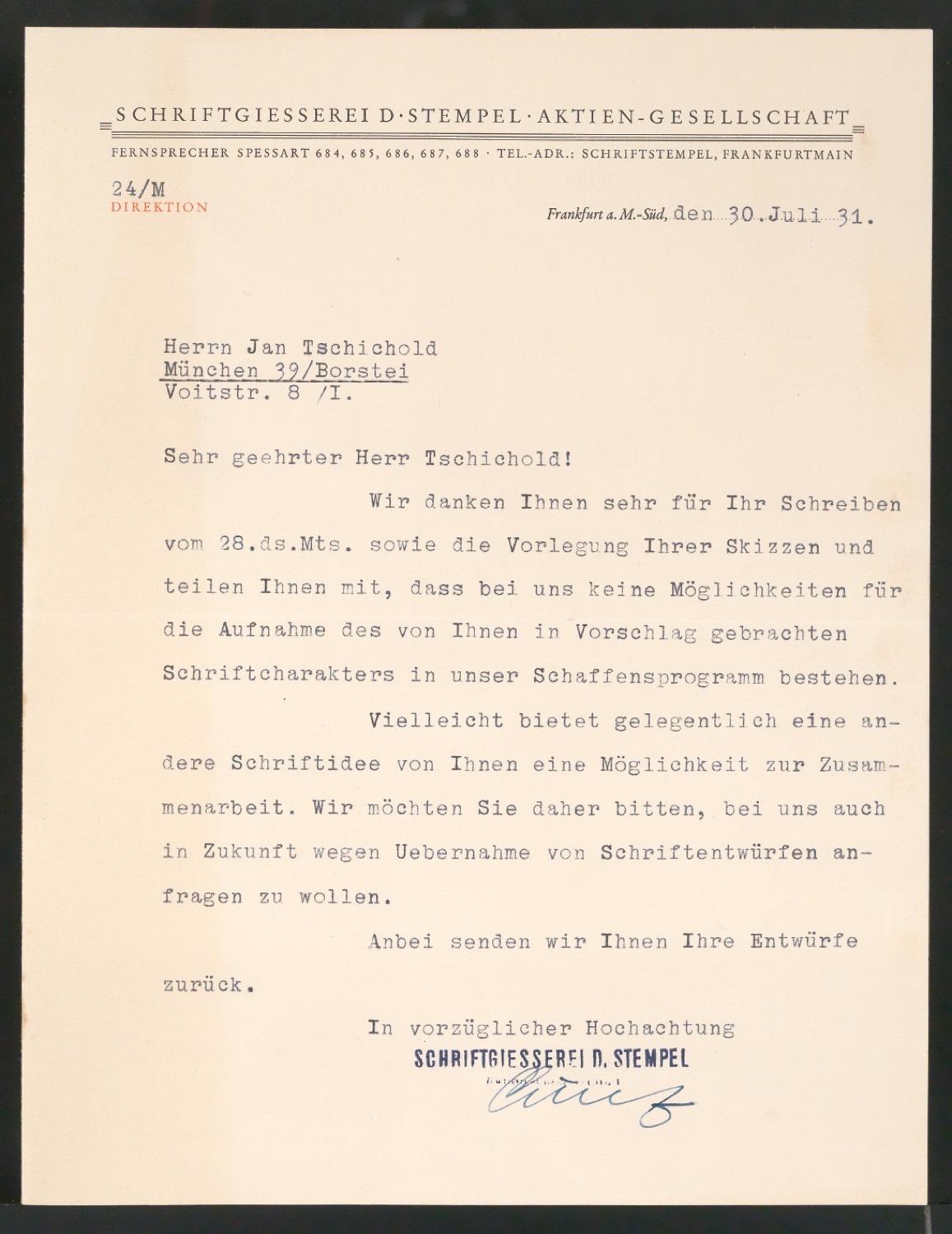 Entwurfszeichnungen von Schriften mit Mediävalcharakter und Antiquacharakter und Brief an Jan Tschichold vom 30.07.1931 — Blatt 1