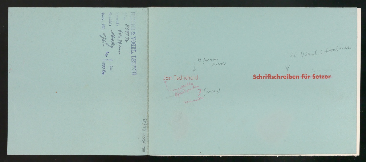 Mappe mit Probedrucken und Entwürfen für Schriftschreiben für Setzer — Blatt 3