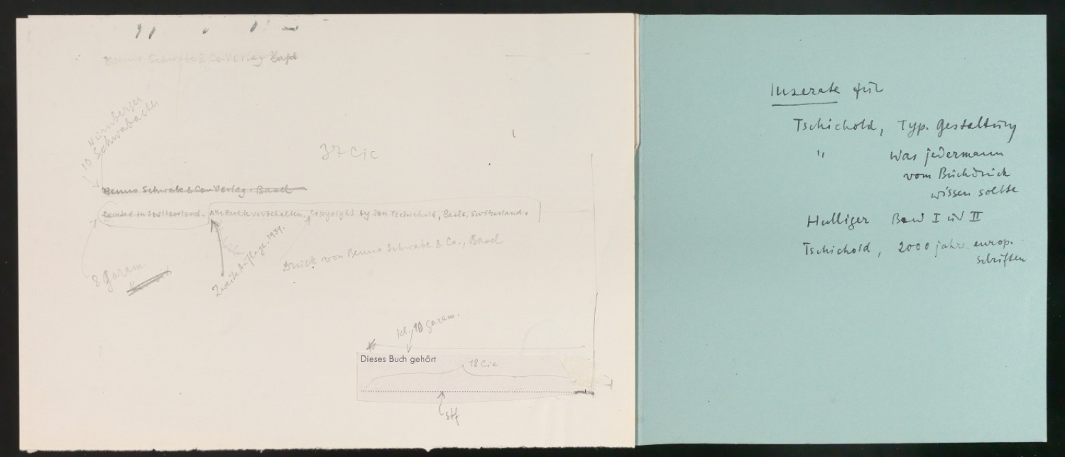 Mappe mit Probedrucken und Entwürfen für Schriftschreiben für Setzer — Blatt 4