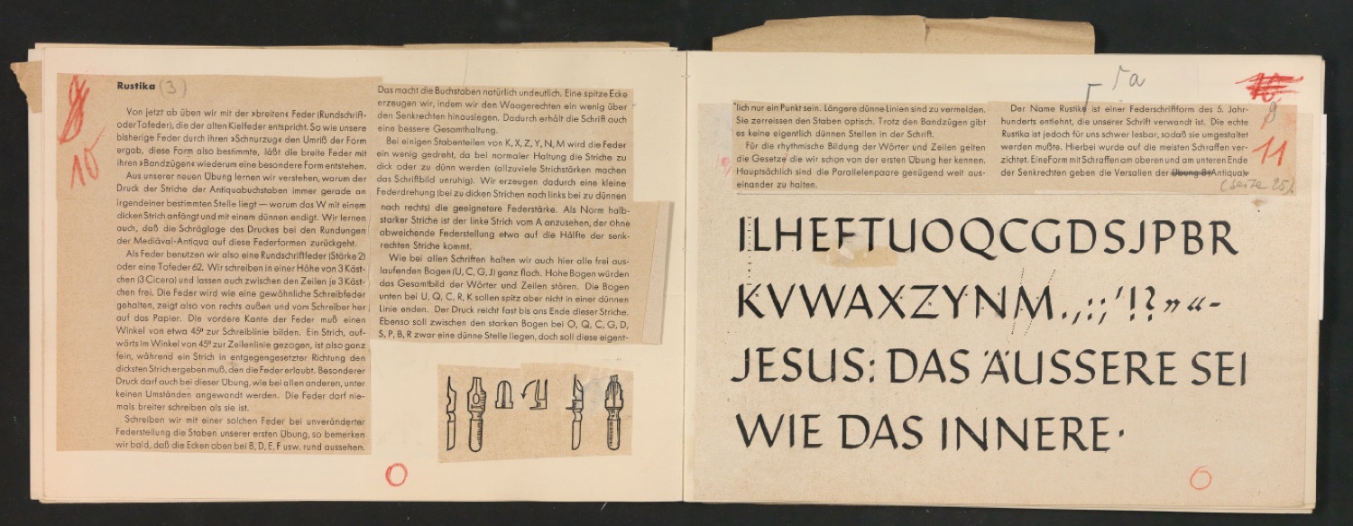 Mappe mit Probedrucken und Entwürfen für Schriftschreiben für Setzer — Blatt 24