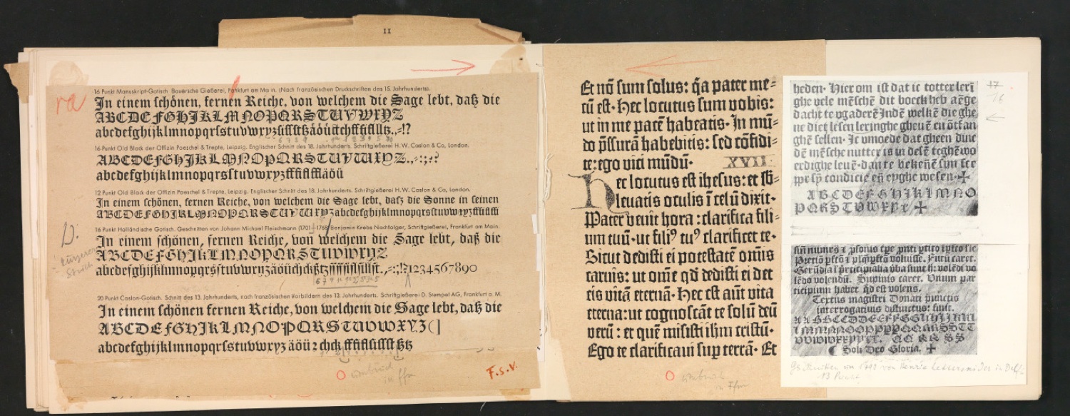 Mappe mit Probedrucken und Entwürfen für Schriftschreiben für Setzer — Blatt 28