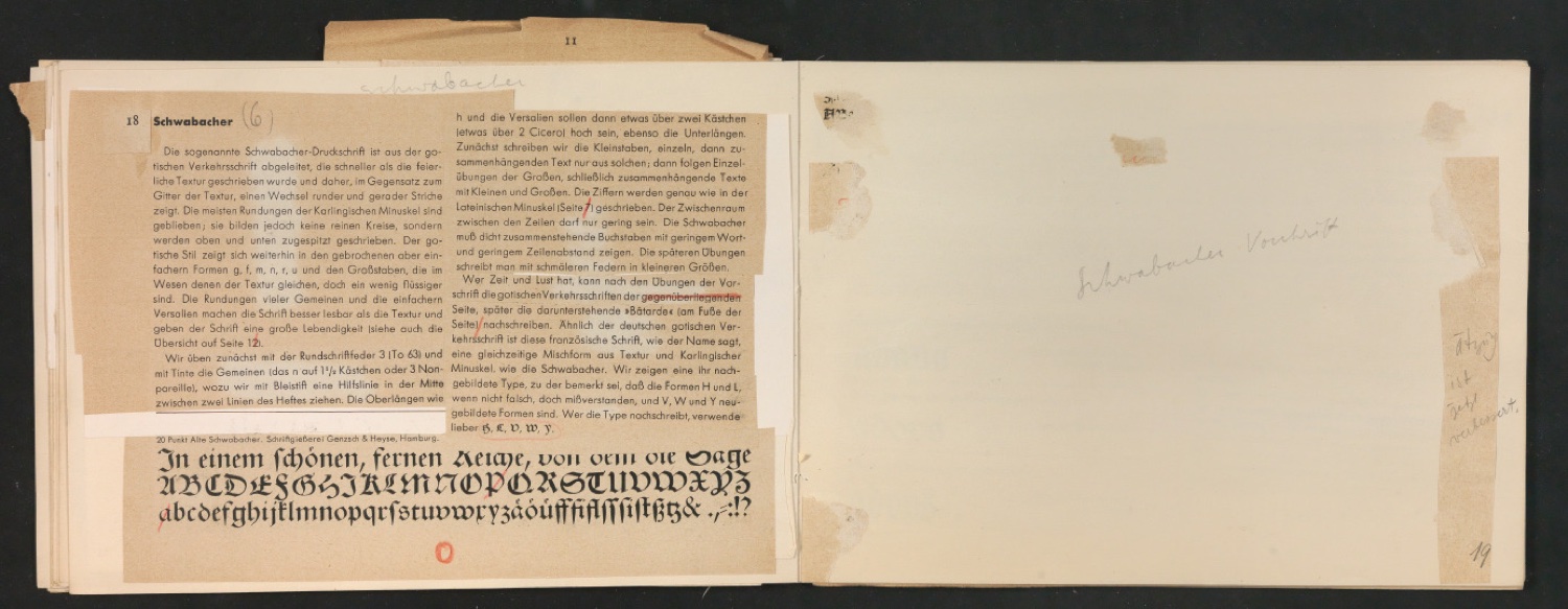Mappe mit Probedrucken und Entwürfen für Schriftschreiben für Setzer — Blatt 29