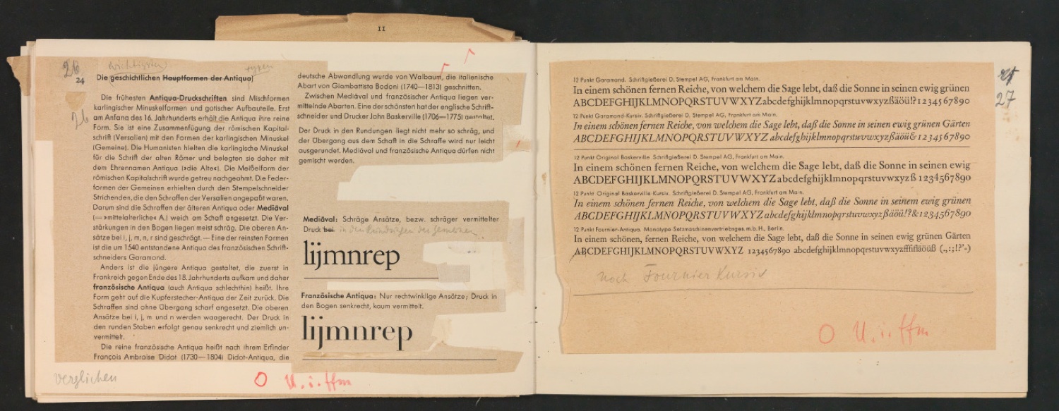 Mappe mit Probedrucken und Entwürfen für Schriftschreiben für Setzer — Blatt 32
