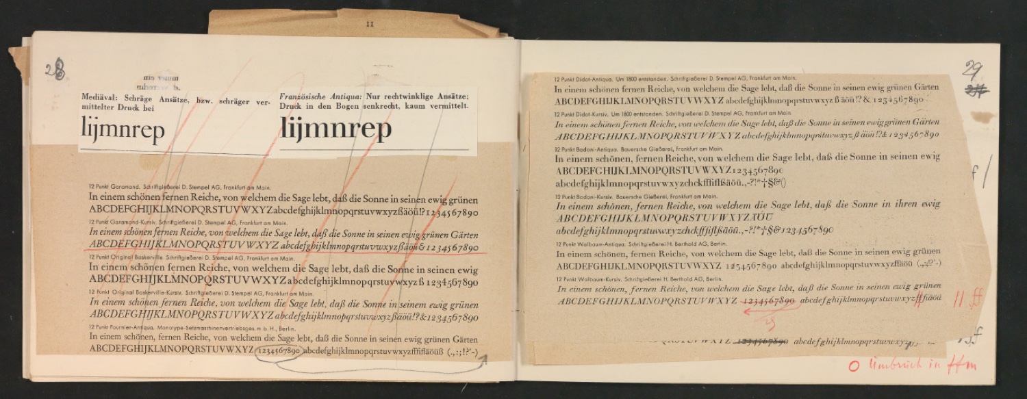 Mappe mit Probedrucken und Entwürfen für Schriftschreiben für Setzer — Blatt 33