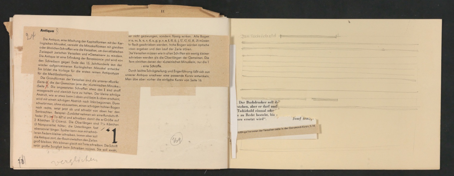 Mappe mit Probedrucken und Entwürfen für Schriftschreiben für Setzer — Blatt 34