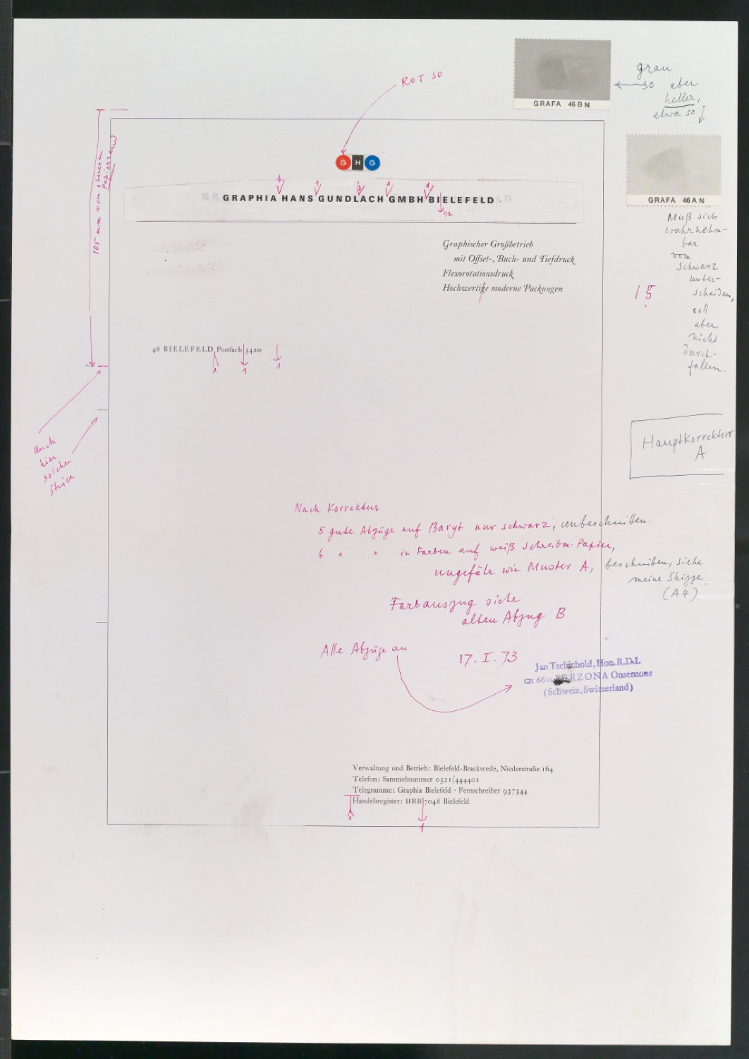 Korrekturfahne von Briefbogen für Graphia Hans Gundlach GmbH Bielefeld — Blatt 1