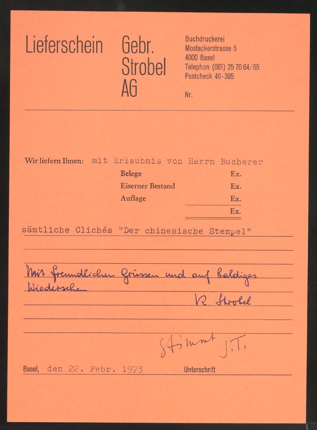 Lieferschein der Druckklischees für die Illustrationen von Der chinesische Stempel in Briefumschlag — Blatt 1