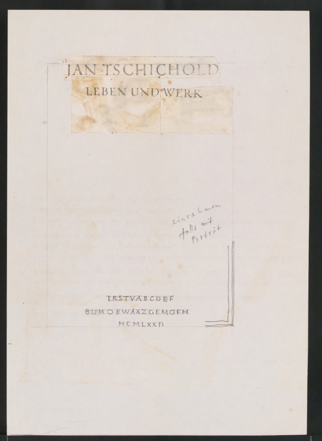 Entwurfsskizzen von Titelblatt und Verlegermarke für Leben und Werk des Typographen Jan Tschichold — Blatt 8