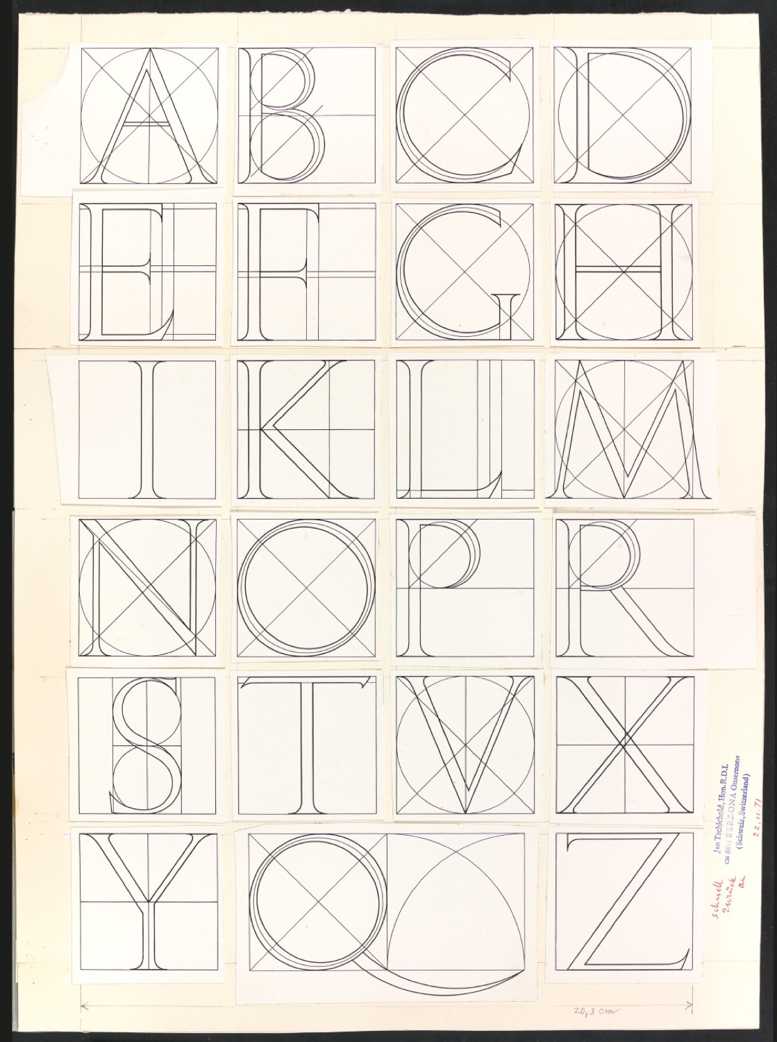 Klischeevorlage einer Illustration des Moyllus-Alphabets für Typographische Monatsblätter, Nr. 4, 1972 — Blatt 2