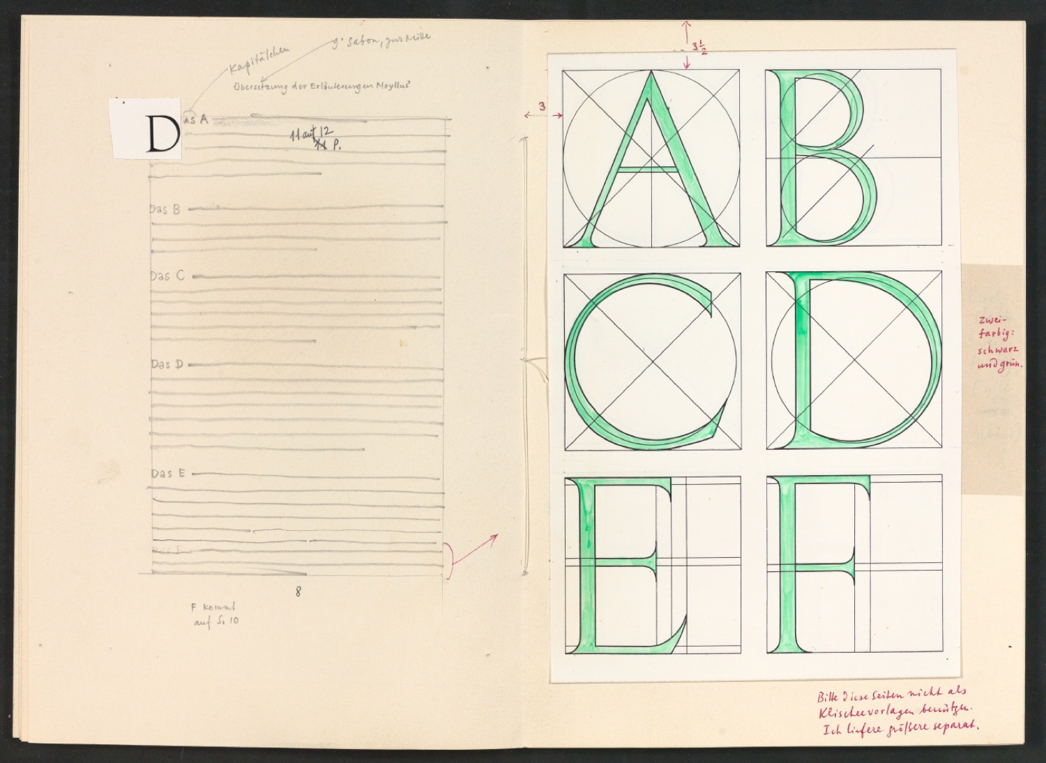 Broschur mit montierten Probedrucken, Skizzen und Satzanweisungen für Das Alphabet des Damianus Moyllus (Beilage Der Druckspiegel) — Blatt 5