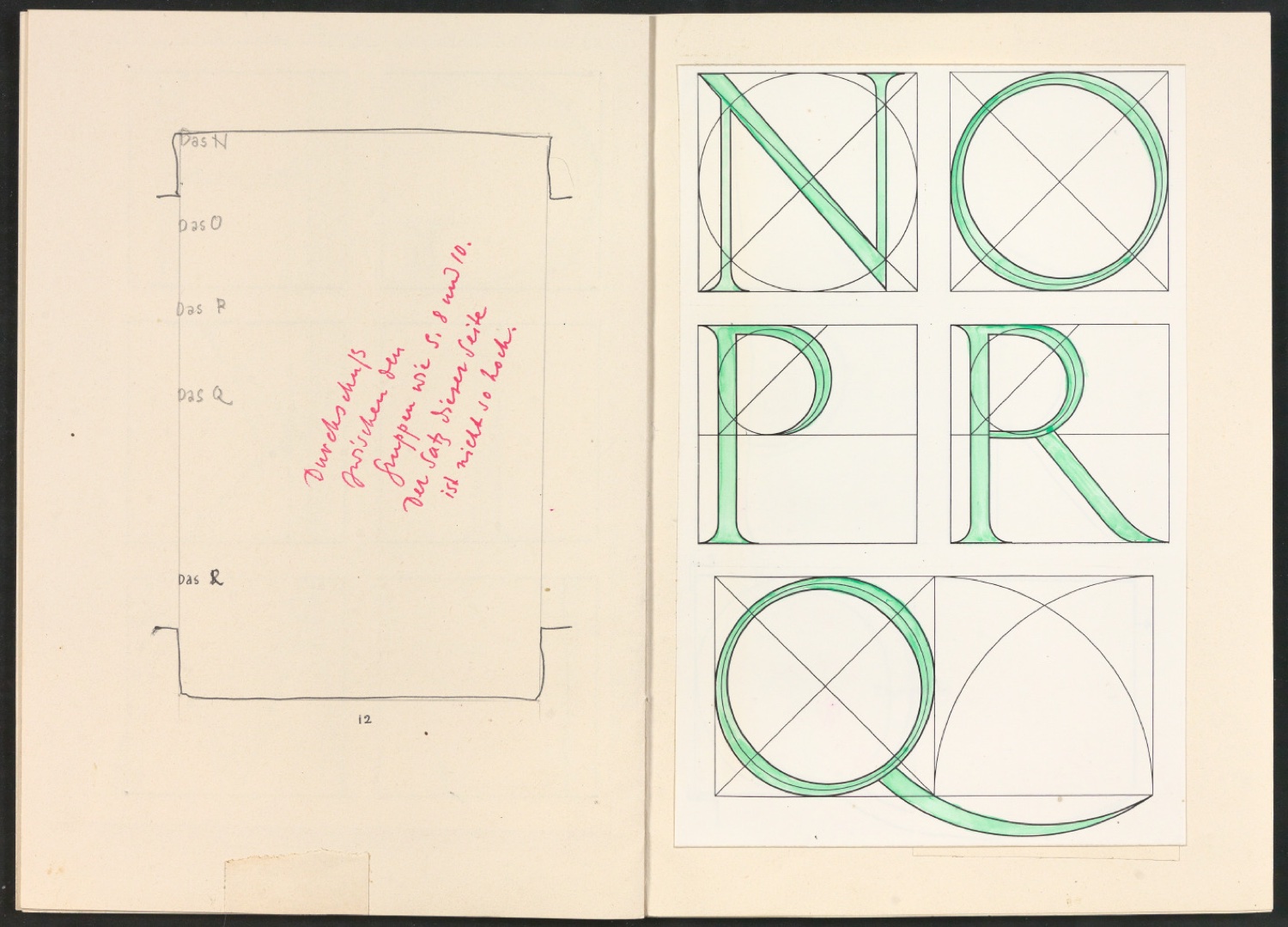 Broschur mit montierten Probedrucken, Skizzen und Satzanweisungen für Das Alphabet des Damianus Moyllus (Beilage Der Druckspiegel) — Blatt 7