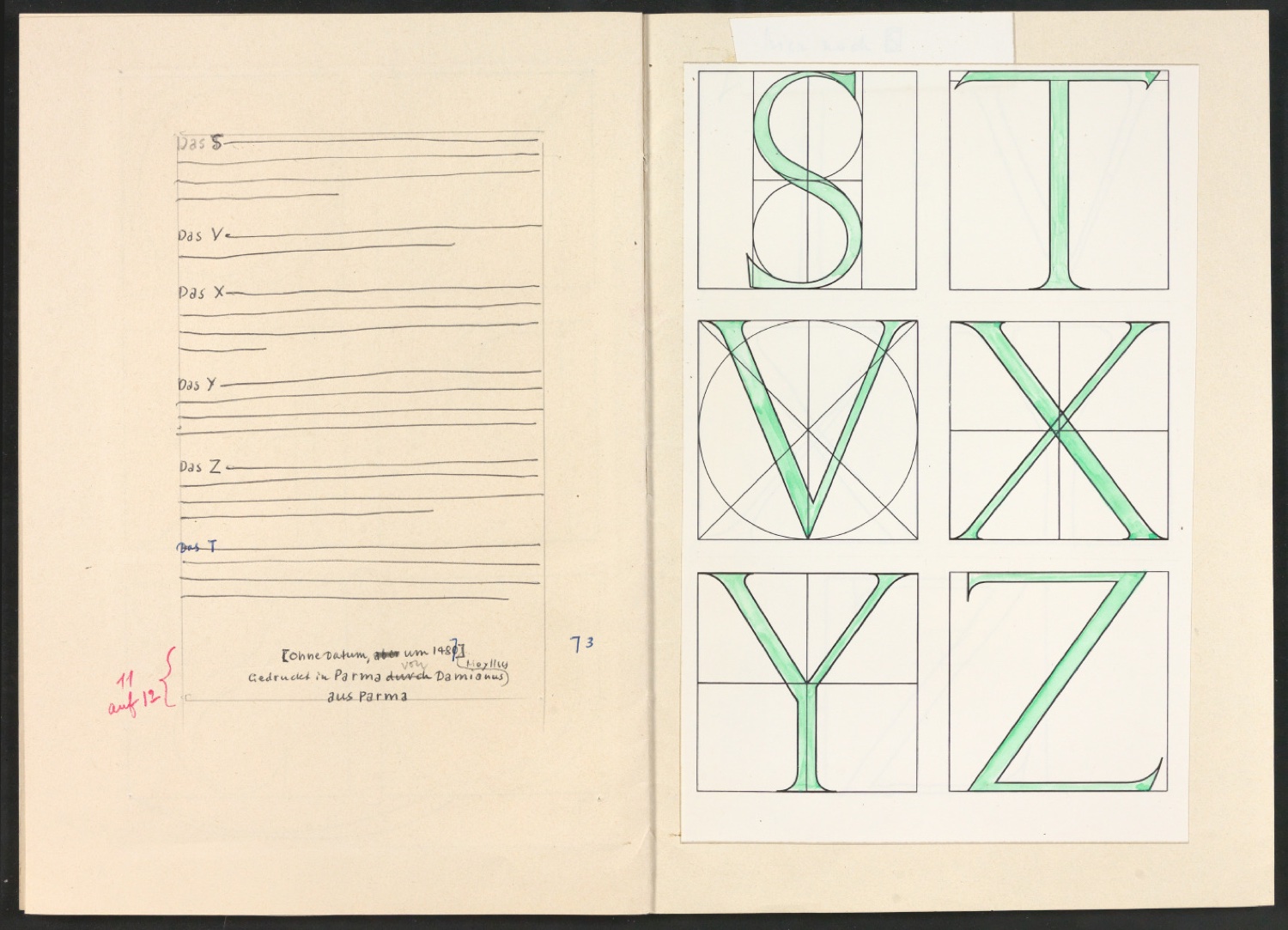 Broschur mit montierten Probedrucken, Skizzen und Satzanweisungen für Das Alphabet des Damianus Moyllus (Beilage Der Druckspiegel) — Blatt 8