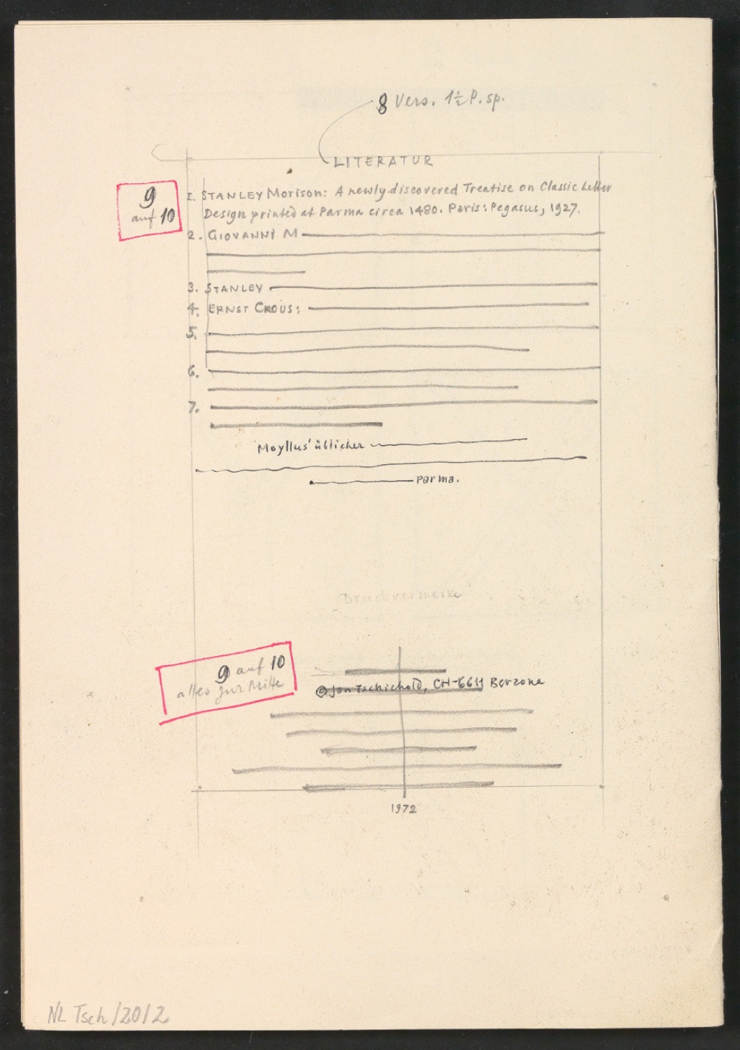 Broschur mit montierten Probedrucken, Skizzen und Satzanweisungen für Das Alphabet des Damianus Moyllus (Beilage Der Druckspiegel) — Blatt 9