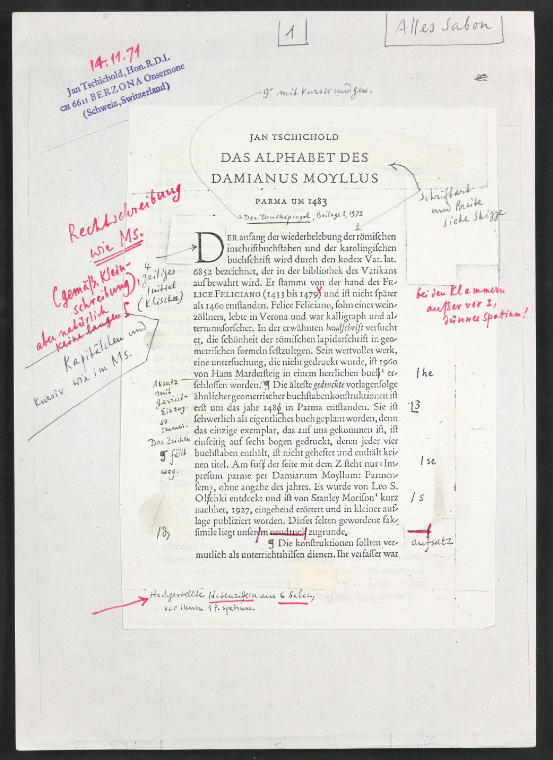 Korrigierter Klebeentwurf für den Zeitschriftenaufsatz Das Alphabet des Damianus Moyllus (Beilage Der Druckspiegel) — Blatt 1