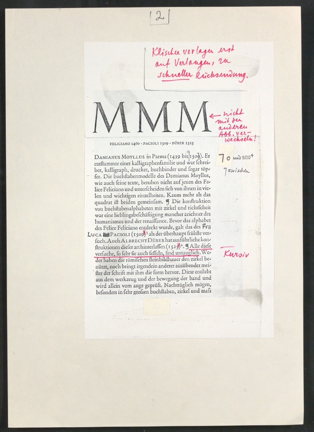 Korrigierter Klebeentwurf für den Zeitschriftenaufsatz Das Alphabet des Damianus Moyllus (Beilage Der Druckspiegel) — Blatt 5
