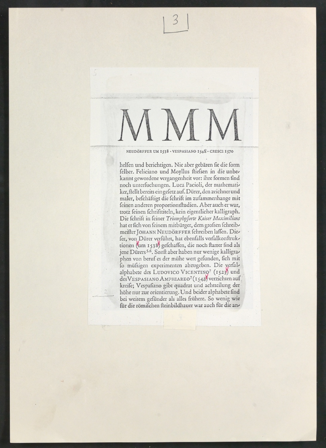 Korrigierter Klebeentwurf für den Zeitschriftenaufsatz Das Alphabet des Damianus Moyllus (Beilage Der Druckspiegel) — Blatt 7