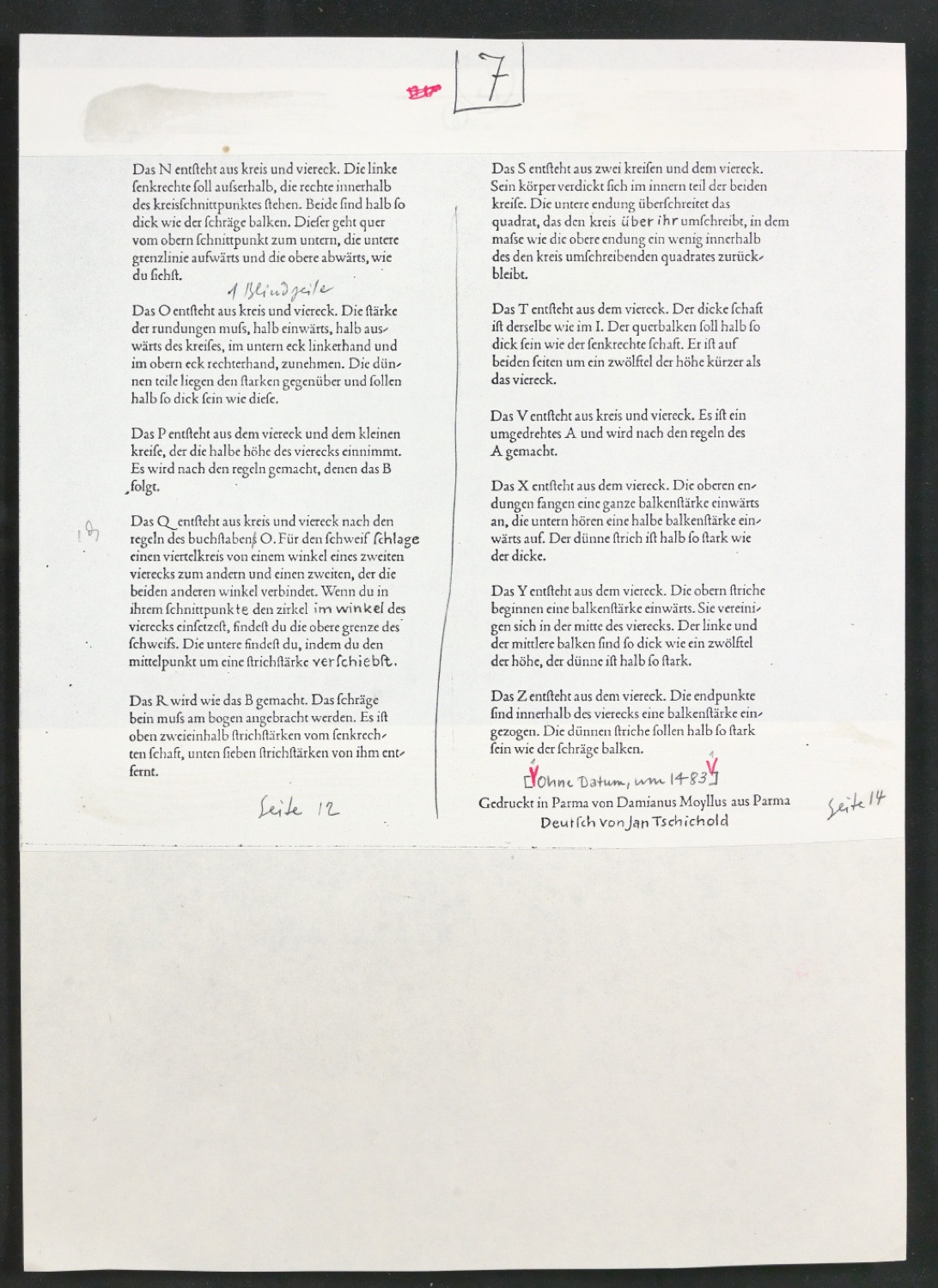 Korrigierter Klebeentwurf für den Zeitschriftenaufsatz Das Alphabet des Damianus Moyllus (Beilage Der Druckspiegel) — Blatt 14