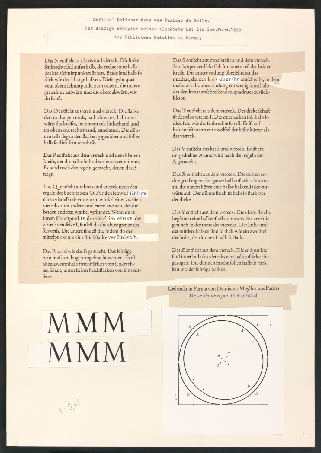 Zwei montierte Bögen mit Text und Illustrationen aus Das Alphabet des Damianus Moyllus — Blatt 3