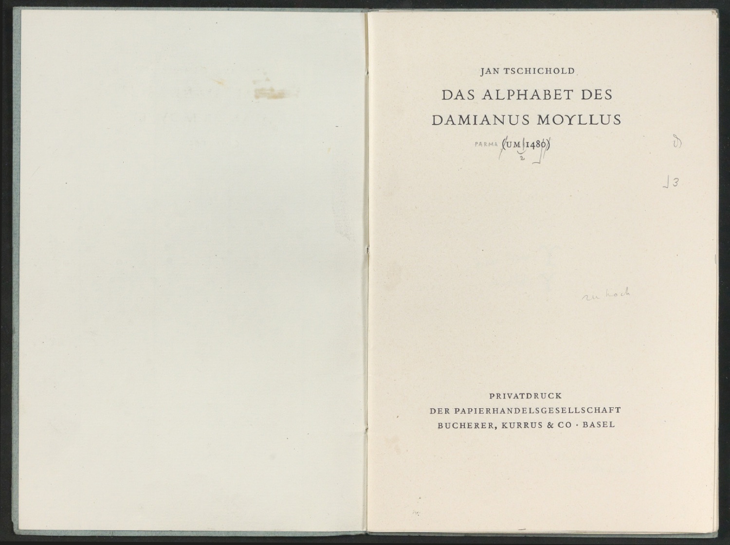 Broschur mit montierten Probedrucken für Das Alphabet des Damianus Moyllus — Blatt 3