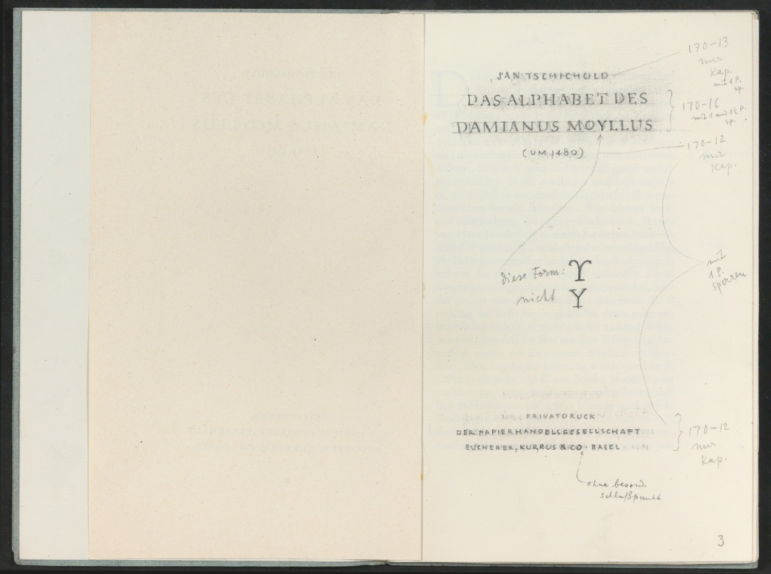 Broschur mit montierten Probedrucken für Das Alphabet des Damianus Moyllus — Blatt 4