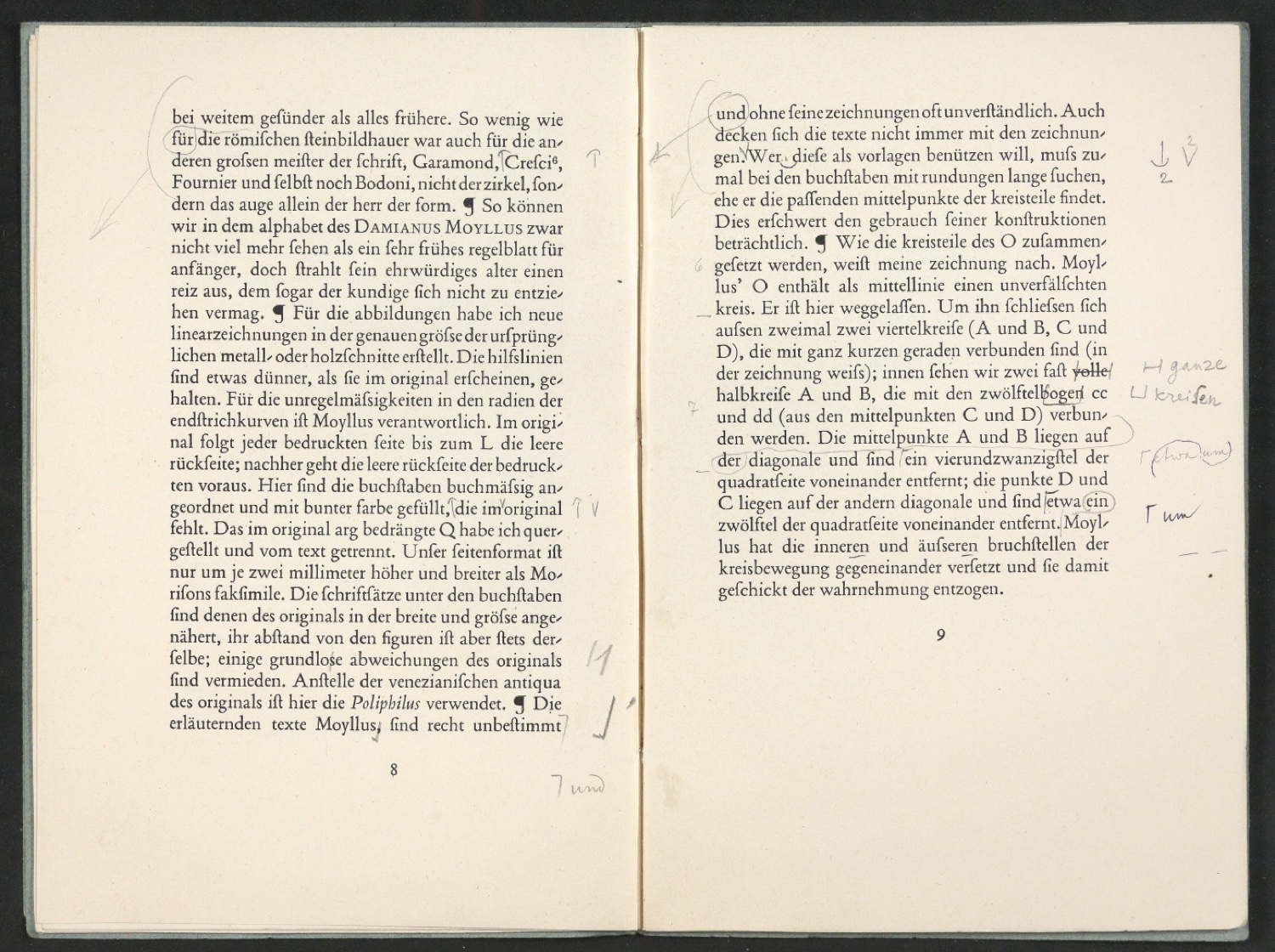 Broschur mit montierten Probedrucken für Das Alphabet des Damianus Moyllus — Blatt 9