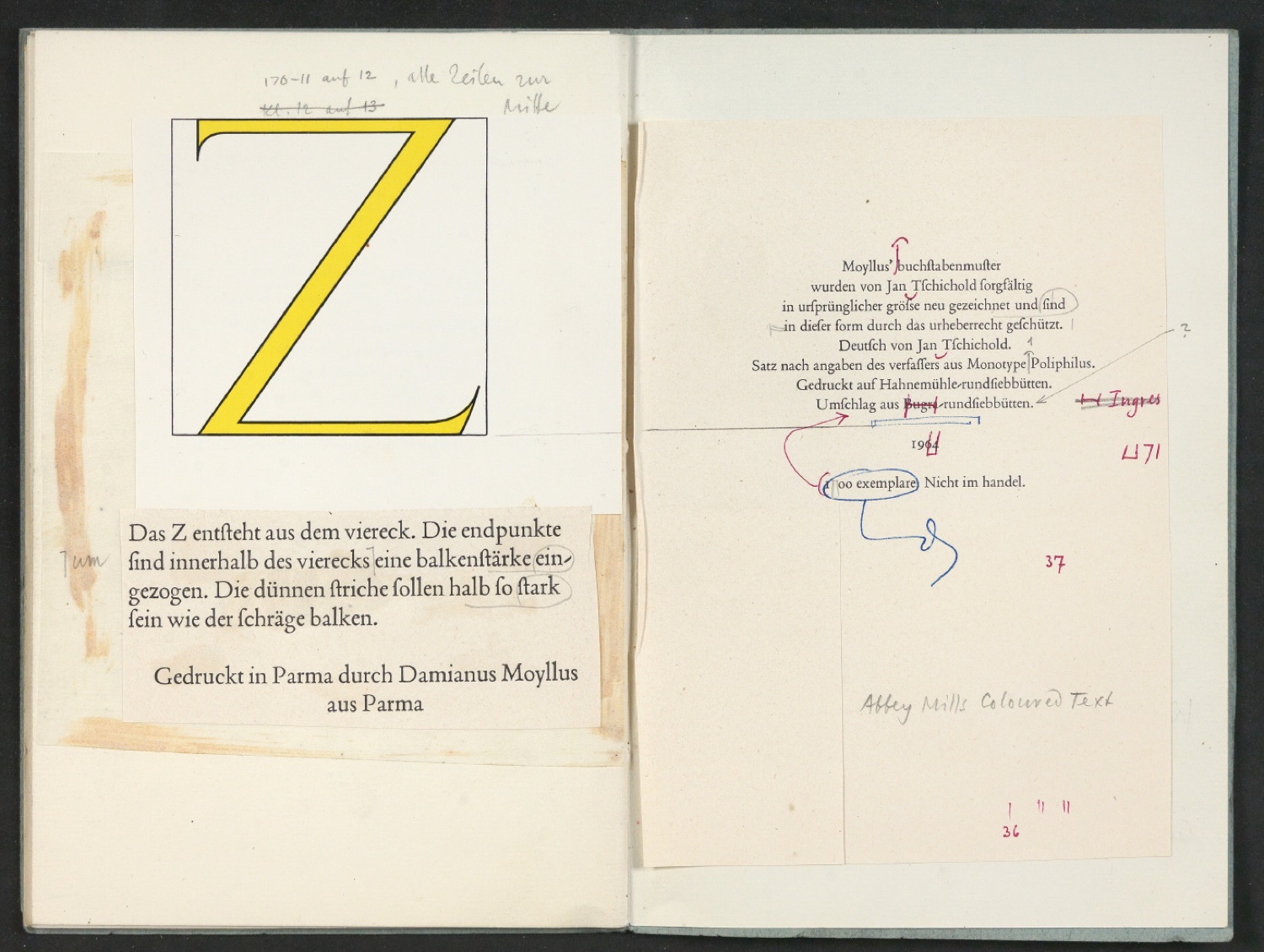 Broschur mit montierten Probedrucken für Das Alphabet des Damianus Moyllus — Blatt 23