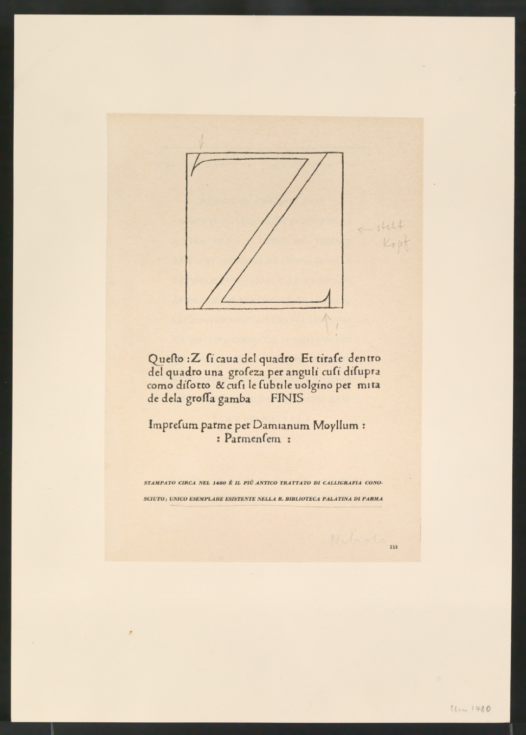 Notizen auf Ausschnitten aus dem Alfabeto für die Gestaltung von Das Alphabet des Damianus Moyllus — Blatt 3