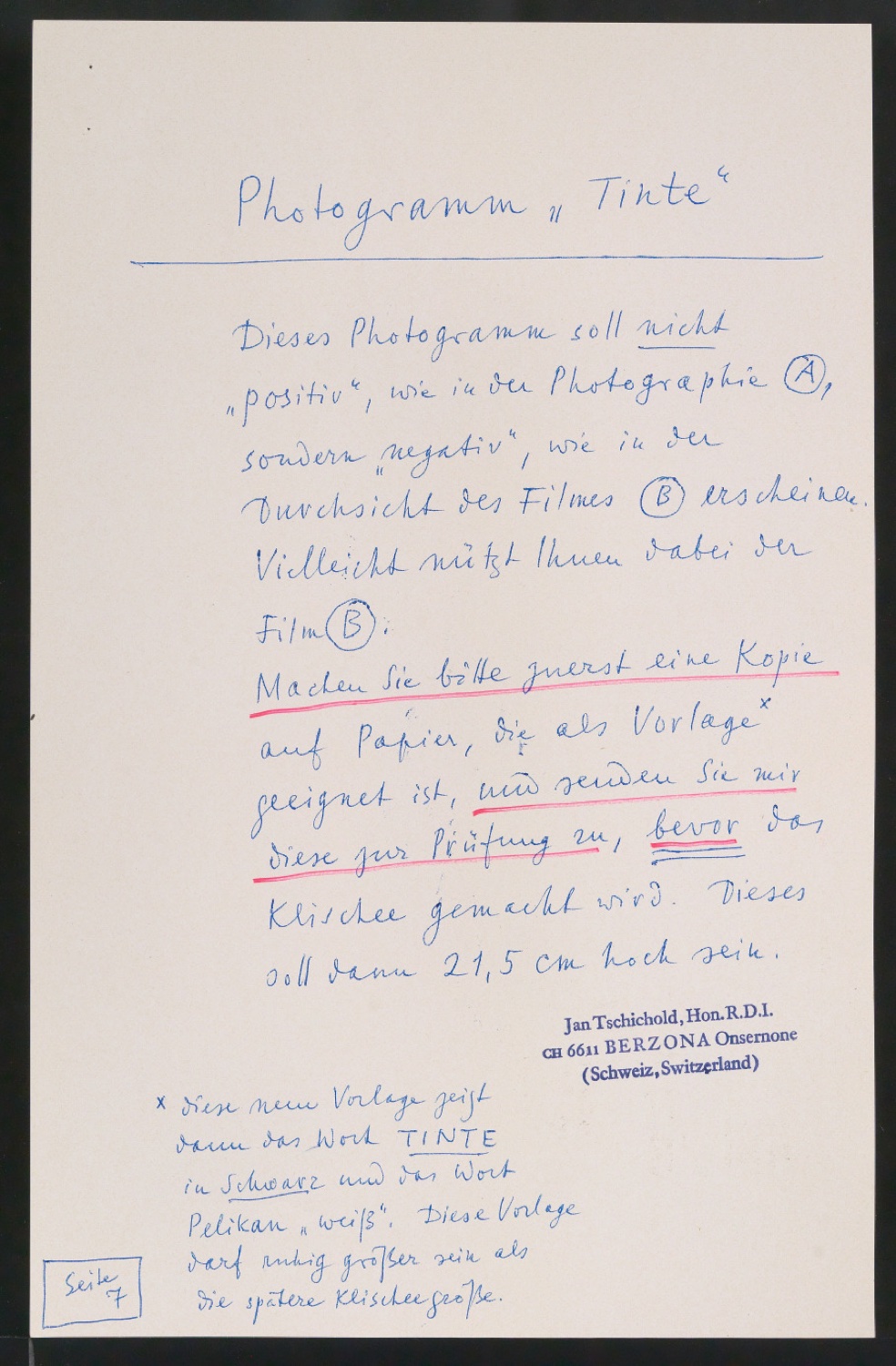 Notiz, Reproduktion und Probedruck für Fotogramm Pelikan Tinte — Blatt 1