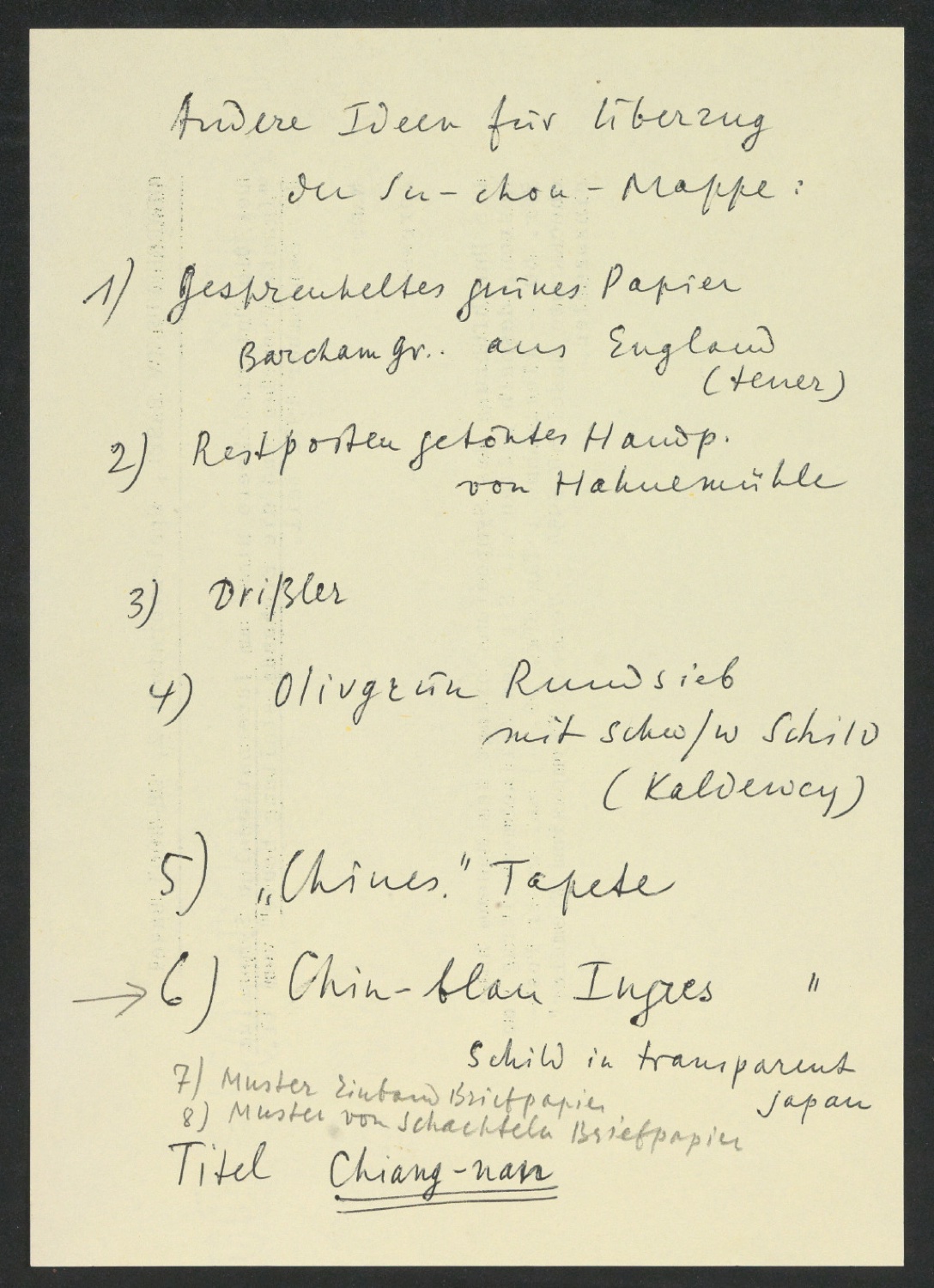 Papiermuster und Notiz für die Einbandgestaltung von In Su-Chou um 1740: 15 Ku-Su-Drucke — Blatt 1