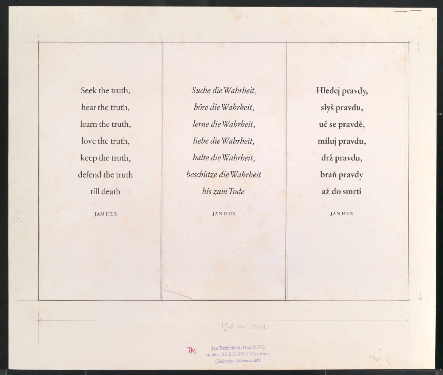 Satzvorlage für Druck mit Zitat von Jan Hus — Blatt 1