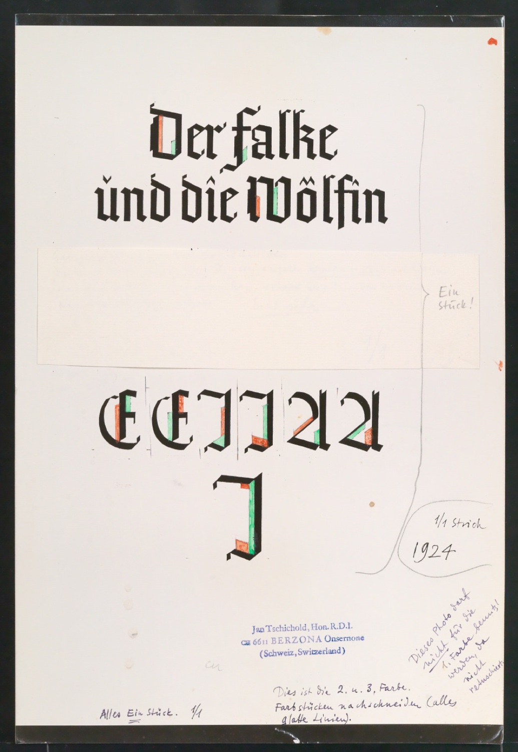 Korrigierte Reproduktion von Satzvorlage für das Titelblatt und Initialen von Der Falke und die Wölfin — Blatt 1