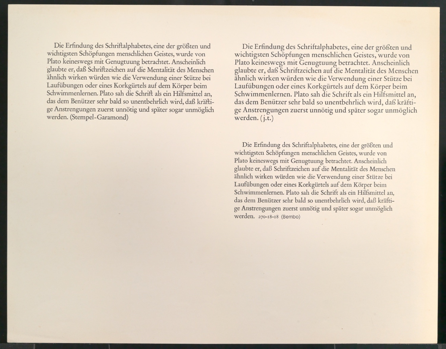 Übersichten mit Beispieltexten der Schriften Bembo, Stempel-Garamond, Linotype-Garamond, Monotype-Garamond und j.t. — Blatt 1