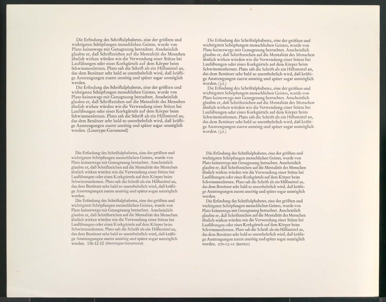 Übersichten mit Beispieltexten der Schriften Bembo, Stempel-Garamond, Linotype-Garamond, Monotype-Garamond und j.t. — Blatt 3