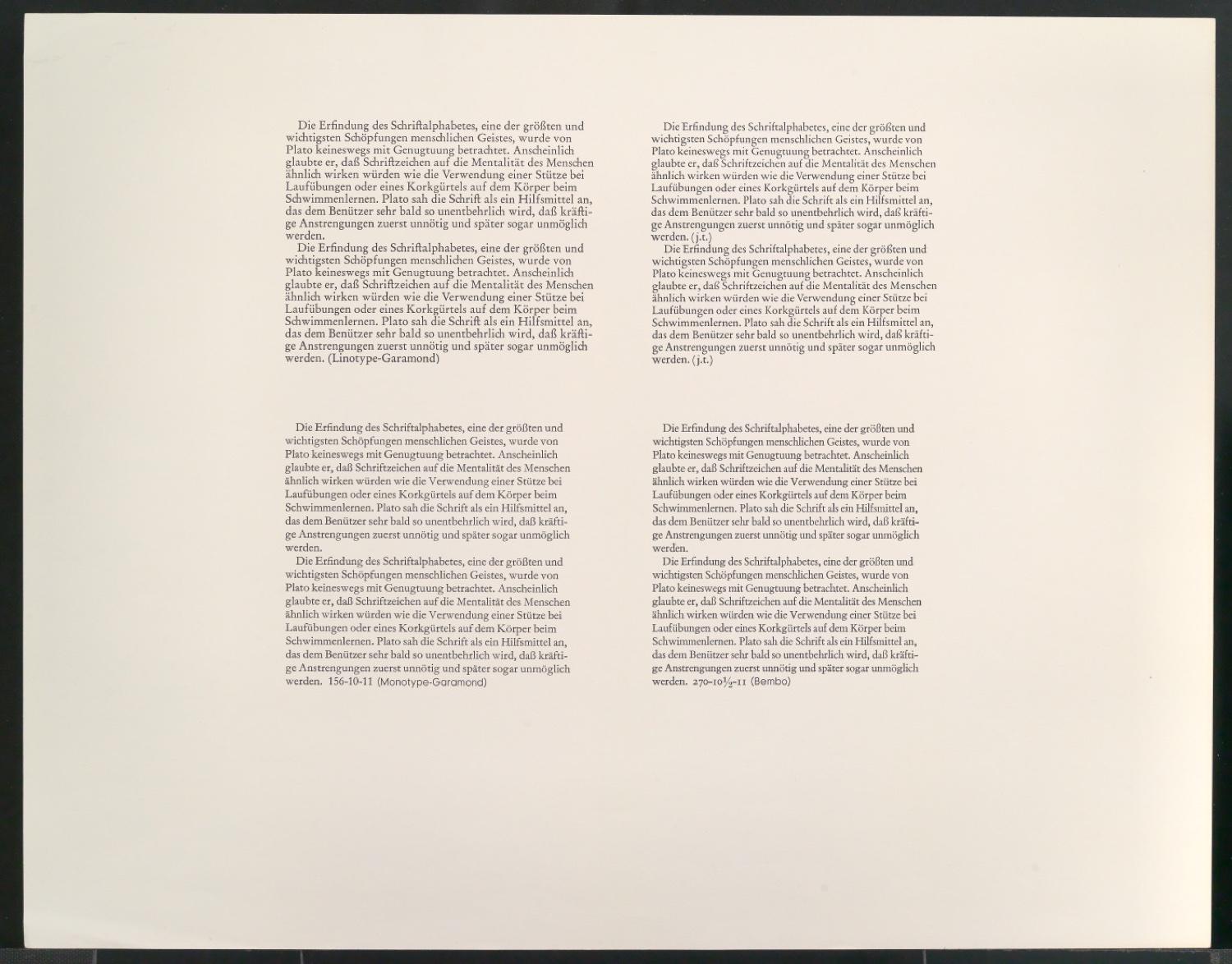 Übersichten mit Beispieltexten der Schriften Bembo, Stempel-Garamond, Linotype-Garamond, Monotype-Garamond und j.t. — Blatt 5