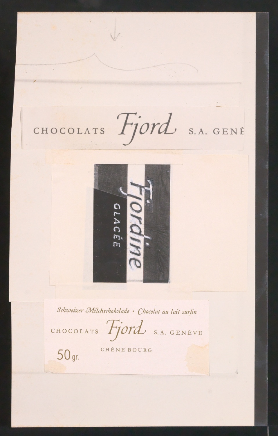 Entwurf und Klischeeabzug von Schriftzug für Schokoladenverpackung Fjordines Glacées — Blatt 1