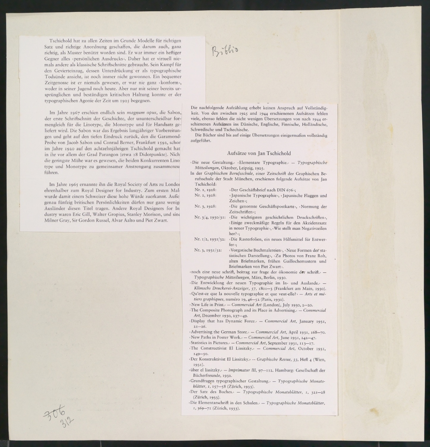 Korrekturfahne für eine Bibliographie von Jan Tschichold — Blatt 1