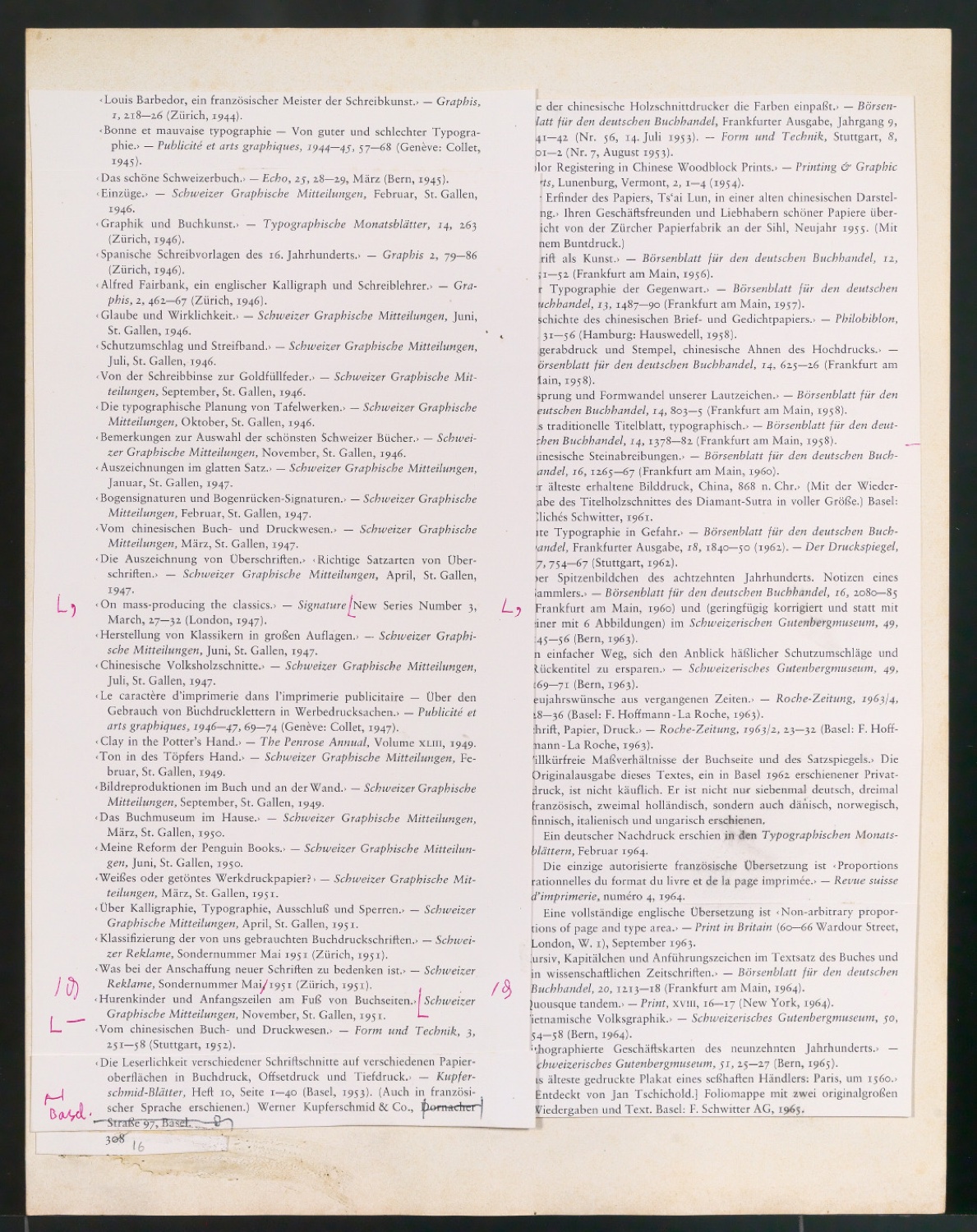 Korrekturfahne für eine Bibliographie von Jan Tschichold — Blatt 6