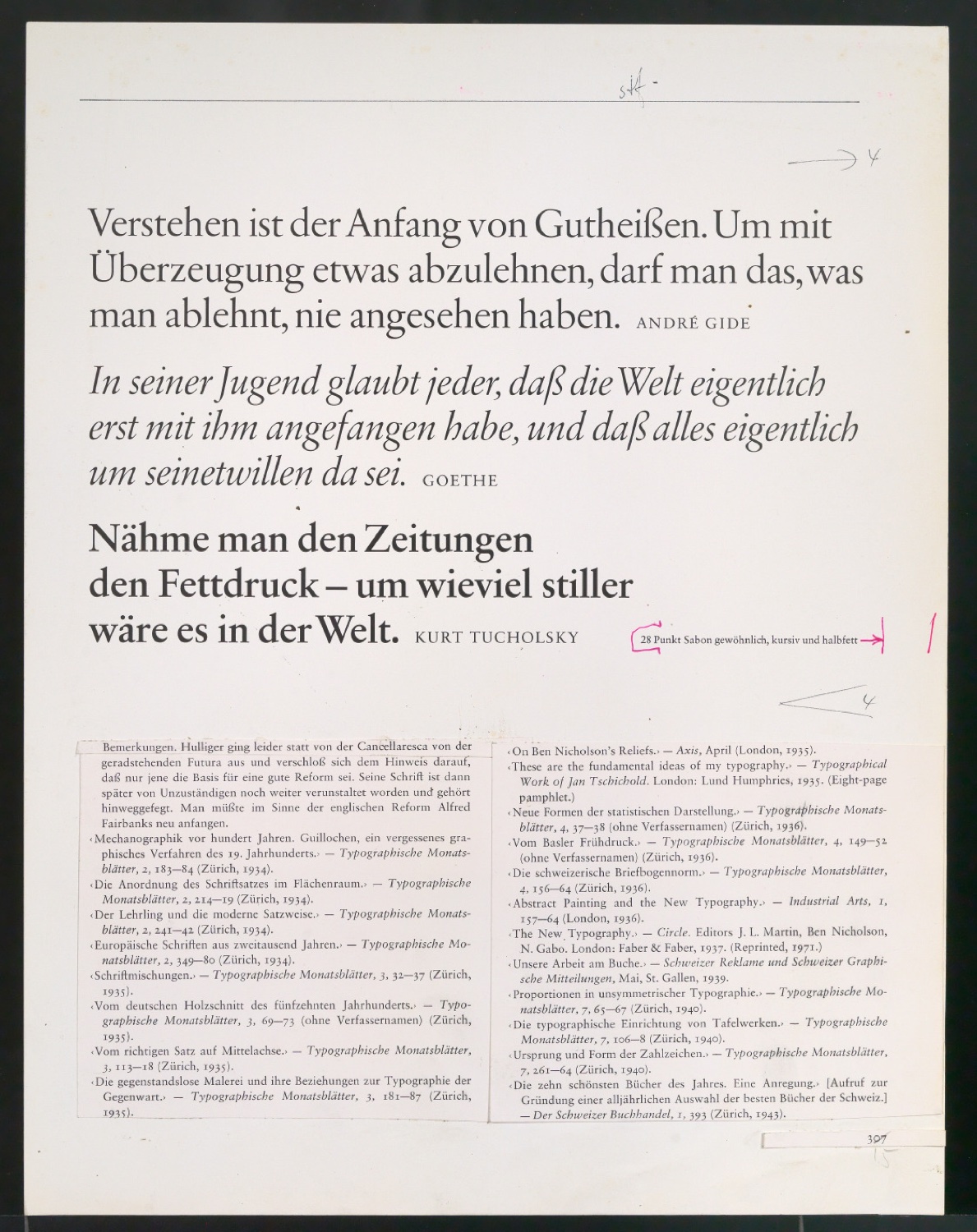 Korrekturfahne für eine Bibliographie von Jan Tschichold — Blatt 8