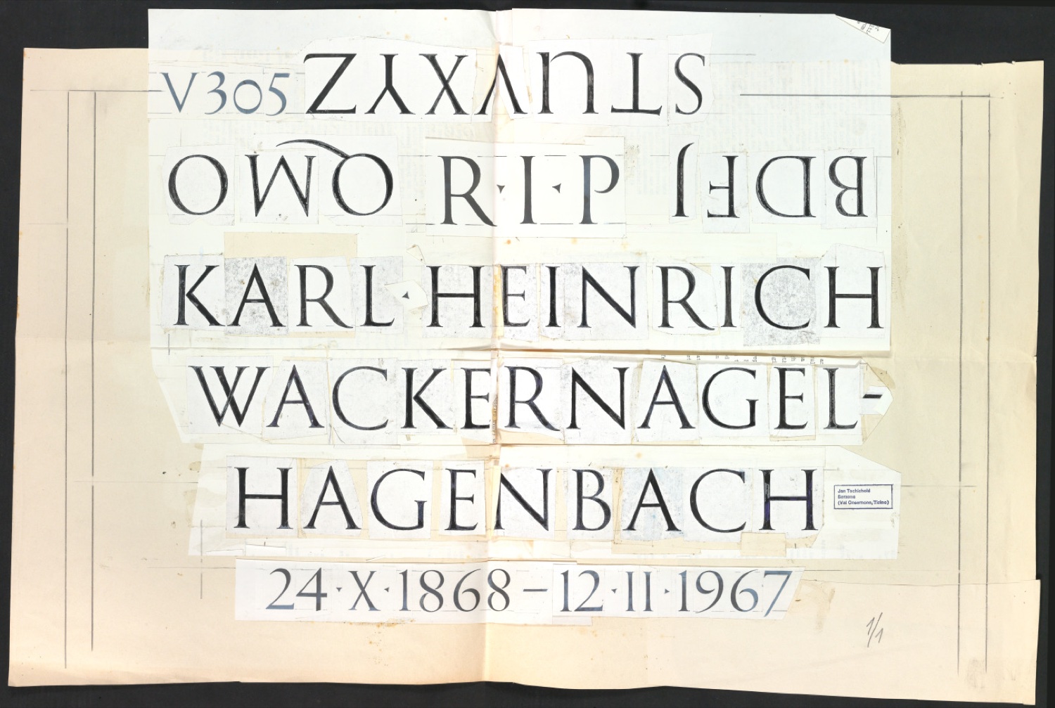 Klebeentwurf der Grabinschrift für das Grabmal von Karl Heinrich Wackernagel-Hagenbach — Blatt 2