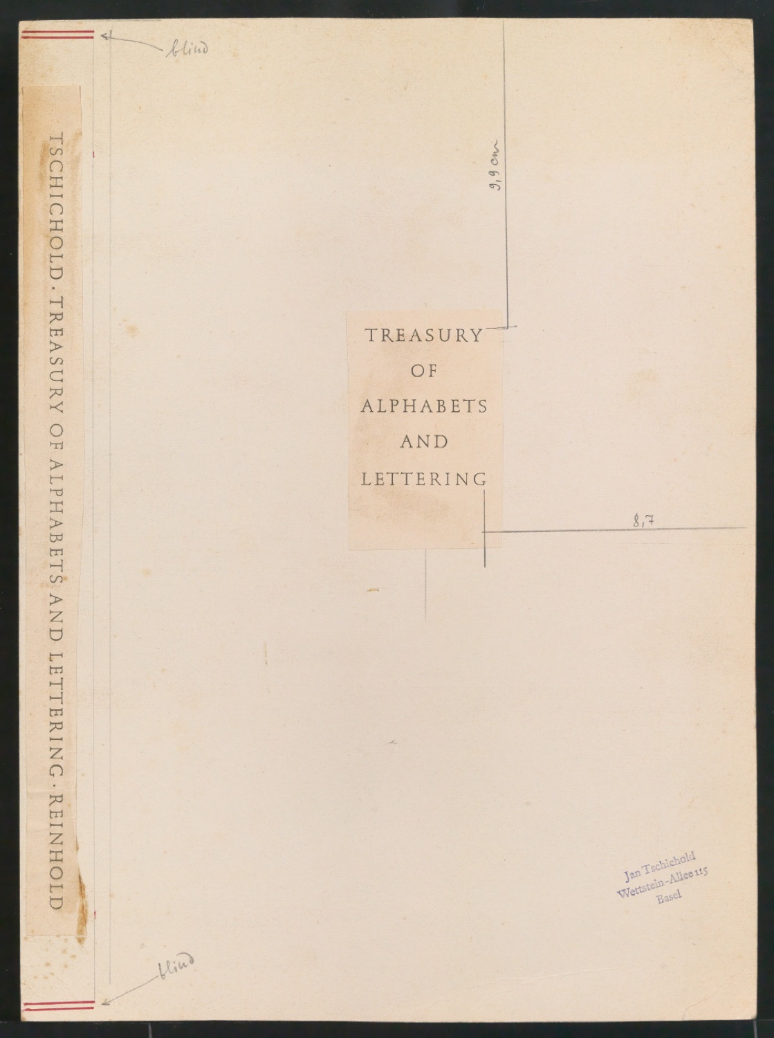 Entwurf für Buchrücken und Titelschild von Treasury of Alphabets and Lettering — Blatt 1