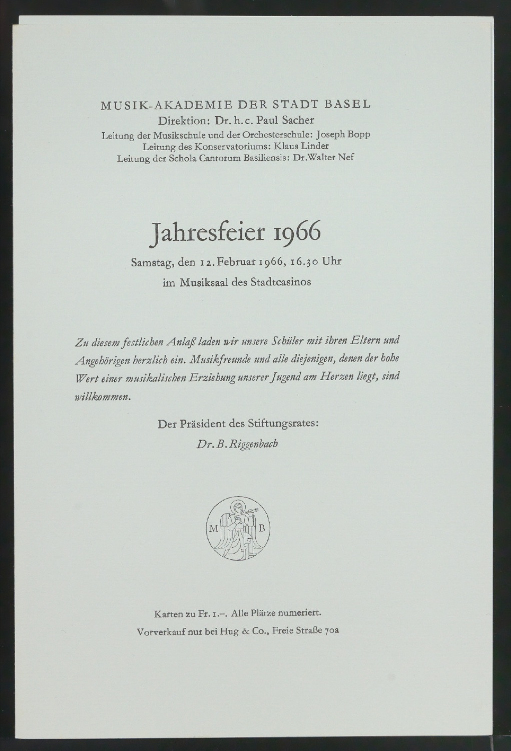 Programmheft Jahresfeier 1966 der Musik-Akademie Basel — Blatt 1