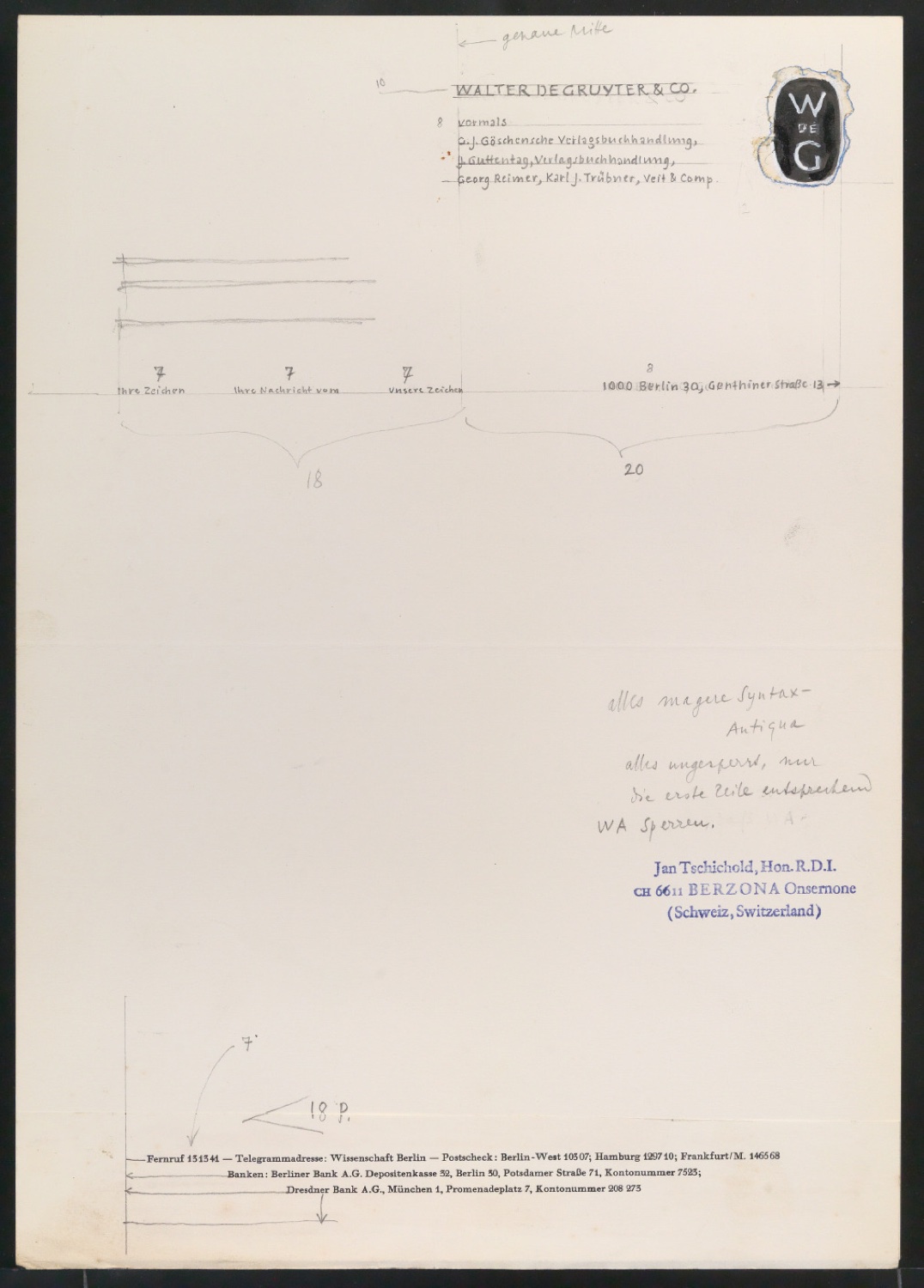 Entwurf von Briefbogen für Walter de Gruyter & Co — Blatt 1
